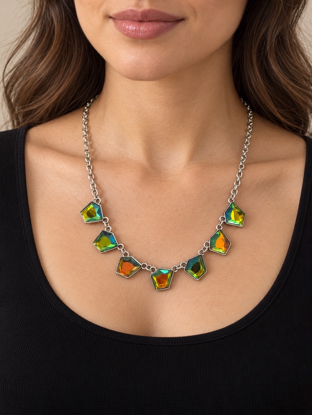 Silver-Tone Multicolor Crystal Statement Necklace - Women Jewelry